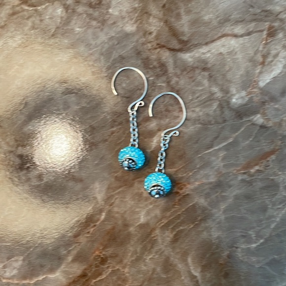 Aqua colored faux crystal sterling silver wire hanging earrings. - Picture 2 of 3